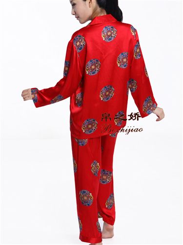 真絲女士長袖家居服 女士桑蠶絲家居服華麗印花激情紅色高品質(zhì)真絲家居服二件套直銷原始圖片3