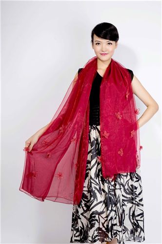 春夏款絲巾 防曬絲巾 2014新款絲巾 真絲絲巾 時尚歐根紗手工釘花雙層圍巾/披肩原始圖片2