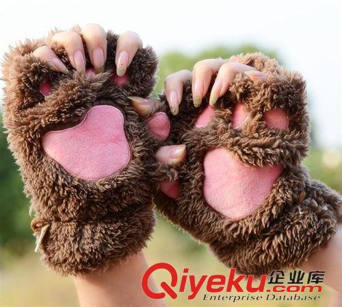 10月手套季（實拍） ST01貓爪手套 冬季韓版 可愛女生露指手套 加厚絨毛熊掌半指手套原始圖片2