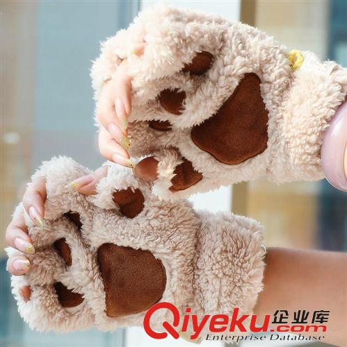 10月手套季（實拍） ST01貓爪手套 冬季韓版 可愛女生露指手套 加厚絨毛熊掌半指手套原始圖片3