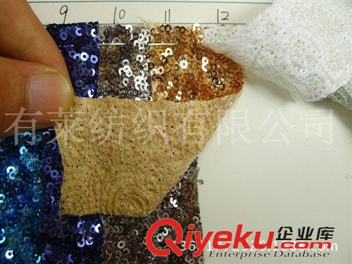 絲綢/雪紡/色丁系列 3厘疊片繡花布亮片布電腦繡珠片網(wǎng)布底重疊亮片服裝舞臺繡花面料原始圖片2