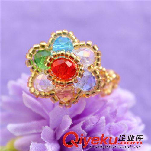 手工編織戒指 手工編織水晶戒指 串珠戒指批發(fā)【6mm扁珠】鑲邊玫瑰花戒指 tj原始圖片2