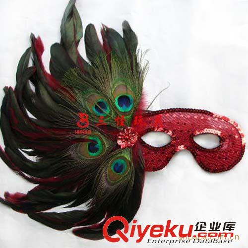 .....羽毛面具 供應(yīng)游戲表演面具 舞會(huì)面具批發(fā) 側(cè)邊孔雀羽毛亮片面具原始圖片3