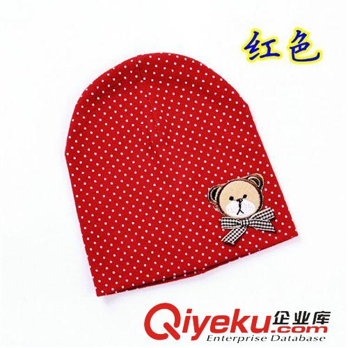 寶寶帽子 洗發帽 韓版純棉雙層點點蝴蝶結寶寶帽子 兒童小熊貼標針織套頭帽原始圖片2