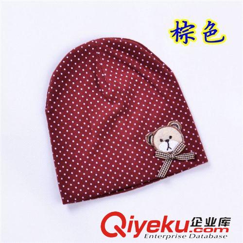 寶寶帽子 洗發帽 韓版純棉雙層點點蝴蝶結寶寶帽子 兒童小熊貼標針織套頭帽原始圖片3
