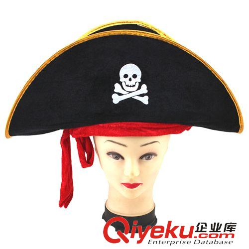 節日表演用品 萬圣節廠家舞會用品-加勒比海盜船長帽海盜帽子 扁有紅帶 61g