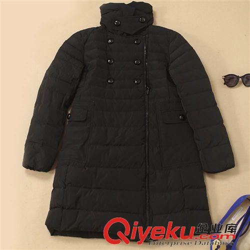 2014秋冬新品 設(shè)計(jì)師品牌 時(shí)尚黑色雙排扣冬裝羽絨服女中長(zhǎng)款保暖外套 鴨絨