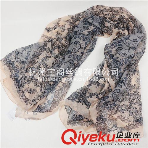 真絲長巾 麥家蕾絲印花桑蠶絲真絲長巾女圍巾鬼頭骷髏頭裸色桑蠶絲絲巾原始圖片3
