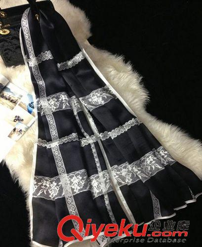 品牌 新款性感蕾絲花紋拼接格子真絲絲巾 {bfb}桑蠶絲長絲巾女圍巾批發原始圖片2