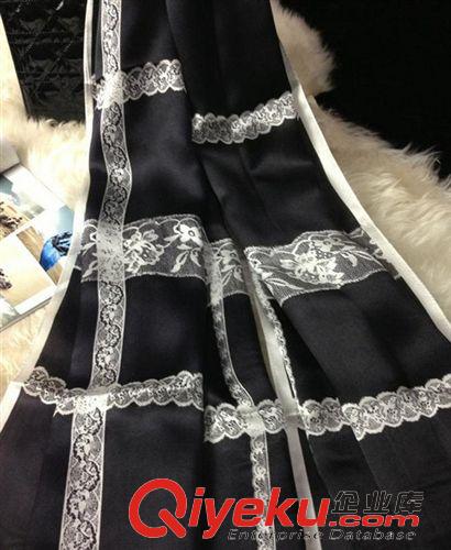品牌 新款性感蕾絲花紋拼接格子真絲絲巾 {bfb}桑蠶絲長絲巾女圍巾批發原始圖片3