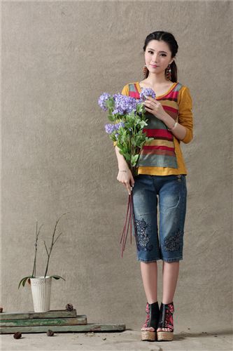 【2014冬裝新品首發(fā)】 E700 打底衫女長袖t恤2014新款秋裝女裝拼接棉質(zhì)t恤衫8410210067原始圖片2