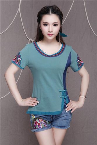 【裂帛上裝】 D7221 民族風T恤2014新品首發(fā) 撞色拼接 盤扣裝飾 修身女式短袖T原始圖片2