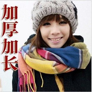 毛線圍巾 廠家批發 2014韓版兩用圍脖披肩 加厚加大加長彩虹格子秋冬圍巾原始圖片2