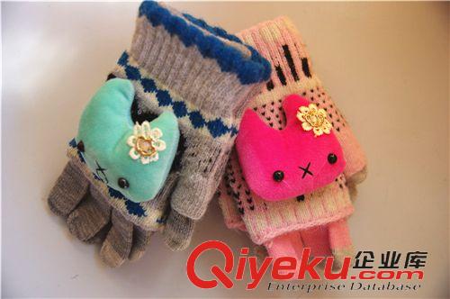 手套 G009女士可愛(ài)小熊&小兔立體卡通手套兩用半指手套翻蓋觸屏手套原始圖片2