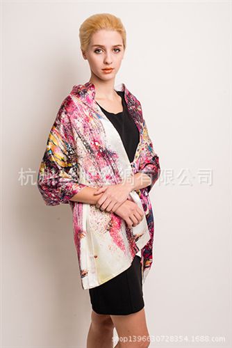 精品圍巾 廠家直銷2014新款秋冬19mm素縐緞數碼噴繪圍巾 雙層高檔真絲絲巾原始圖片2