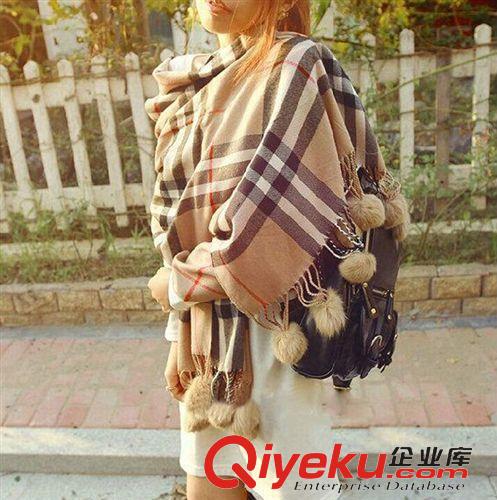高檔圍巾 淘寶爆款B家時尚大牌英倫經(jīng)典格子兔毛羊絨掛球長巾圍巾廠家直銷原始圖片3