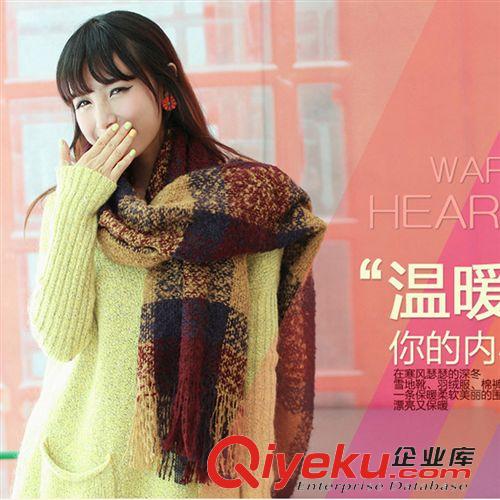 毛線圍巾 2014淘寶爆款人氣接撞色馬海毛圈圈格子圍巾流蘇七彩混色披肩海