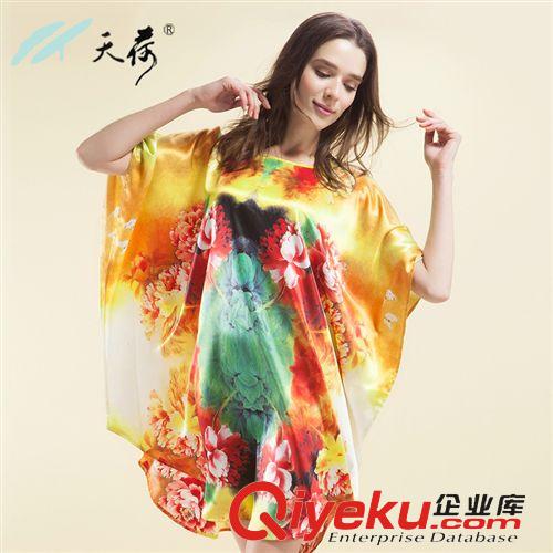 真丝新品 杭州丝绸 夏 新品真丝桑蚕丝睡衣家居服睡裙蝙蝠袖圆领印花高贵女