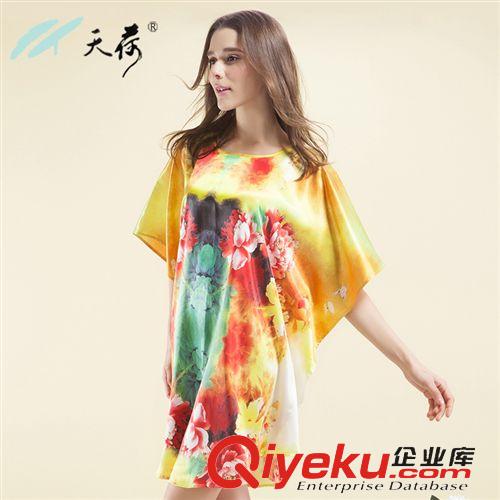 真丝新品 杭州丝绸 夏 新品真丝桑蚕丝睡衣家居服睡裙蝙蝠袖圆领印花高贵女