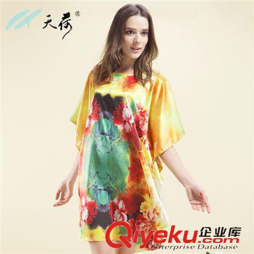 禮品 杭州絲綢 夏 新品真絲桑蠶絲睡衣家居服睡裙蝙蝠袖圓領(lǐng)印花高貴女