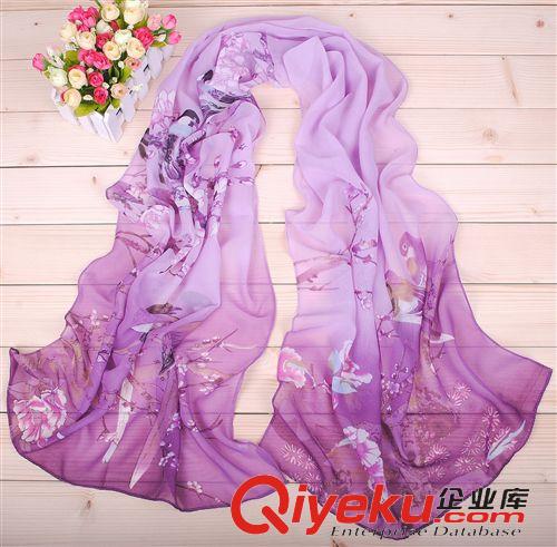 絲巾類（薄款） 義烏圍巾廠家新款喜鵲報春圖女士雪紡長絲巾批發(fā) 時尚秋冬款包郵原始圖片3