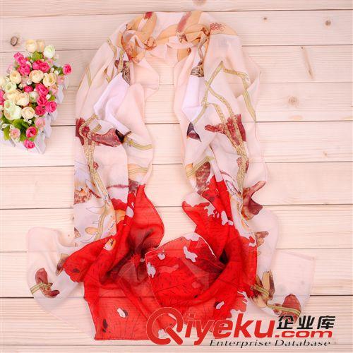 絲巾類（薄款） 長(zhǎng)款絲巾批發(fā)9月份{zx1}款清爽小鳥嬉戲藕塘圖雪紡絲巾 常年現(xiàn)貨原始圖片3