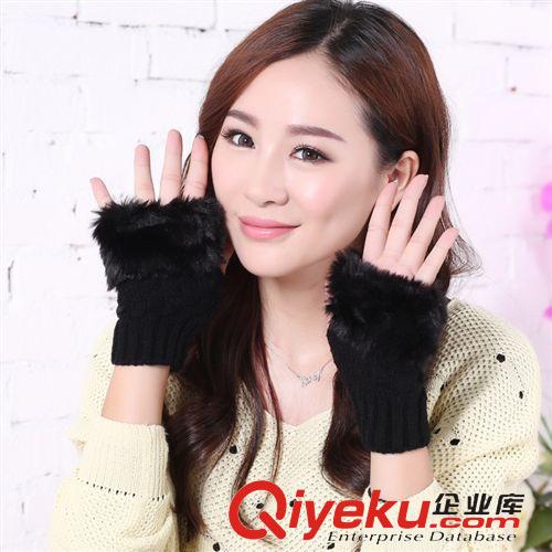 gd手套 SM12廠家批發(fā)韓版秋冬季兔毛口短款毛線半指手套針織女士保暖手套原始圖片2
