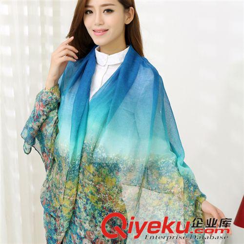 7.30新品 B199 漸變油畫花民族風圍巾有氣質(zhì)超大超長圍巾廠家批發(fā)2014新款