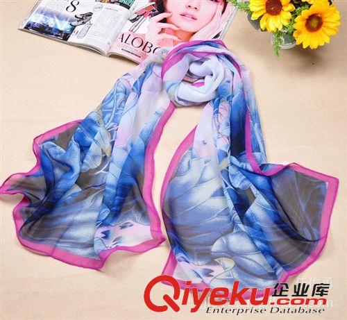 按價格區分-更多優惠 新款荷花印花雪紡女士卷邊加長絲巾 氣質圍巾絲巾批發直銷J-027原始圖片2