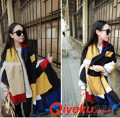 14年12月01日新款 歐美風 彩色拼接仿羊絨混紡大圍巾披肩女 秋冬厚保暖圍巾原始圖片2