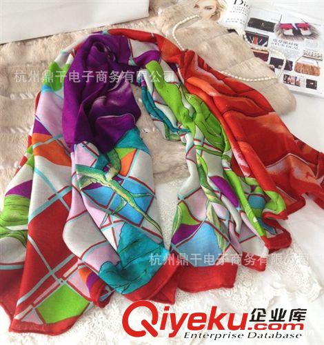 14年09月新款 歐美新款唯美牡丹花朵真絲羊絨絲巾保暖圍巾卷邊披肩印花大方巾女原始圖片2