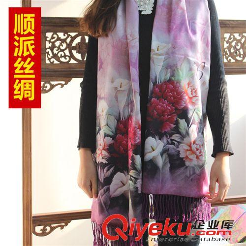 披肩 2014新款 蘇州絲綢印花平紋花卉流蘇 {dj0}披肩批發 一件代發 包郵