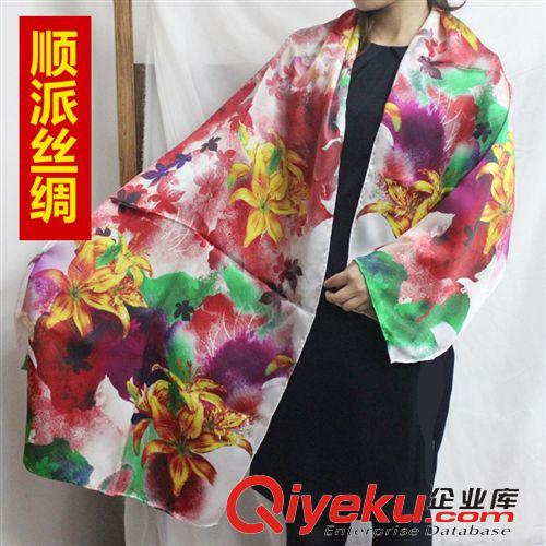 圍巾 【順派絲綢】 落英繽紛 真絲噴繪卷邊保暖 長巾圍巾 廠家直銷包郵
