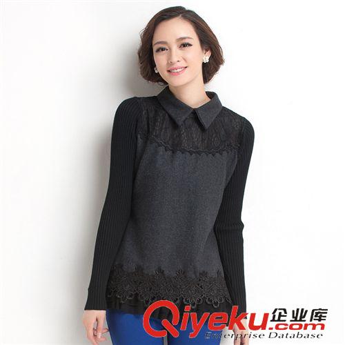 春裝熱銷 女式襯衫領百搭針織衫韓版修身百褶下擺蕾絲針織女式毛衣原始圖片2