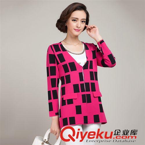 小西裝 新款女式針織開衫時尚修身格子小西服女式休閑毛衣原始圖片2