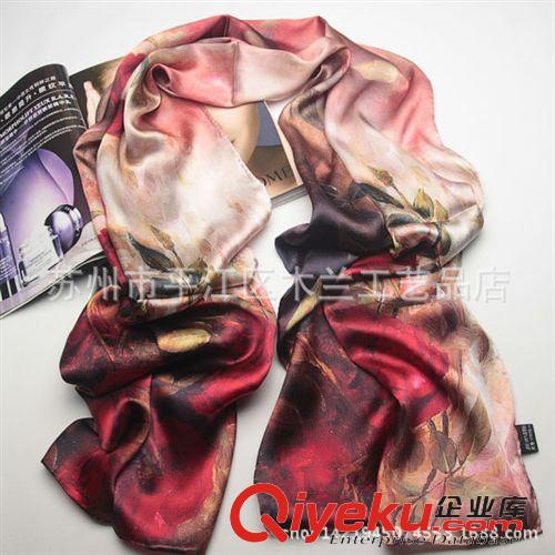 真絲數(shù)碼噴繪長巾 供應(yīng)2015新款真絲電腦噴繪圍巾 手工卷邊真絲長巾 廠家直銷