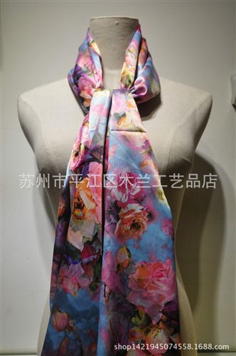 絲綢  緞面長巾 2015廠家直銷批發 數碼噴繪  牡丹花型蘇州絲綢 女士圍巾
