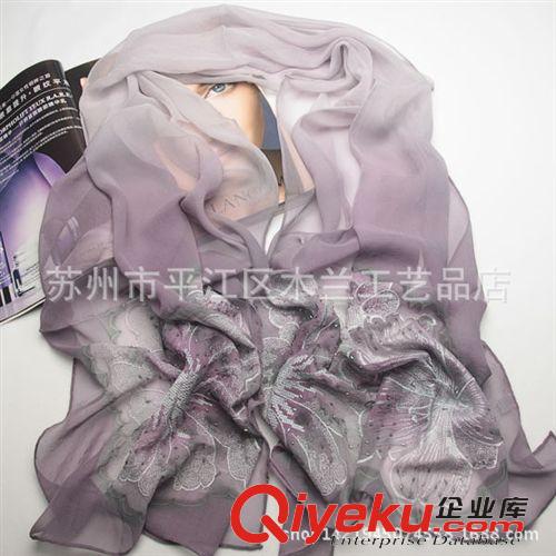蘇繡真絲長巾 蘇州絲綢{bfb}桑蠶絲 真絲圍巾 漸變色繡花長絲巾 廠家直銷 批發
