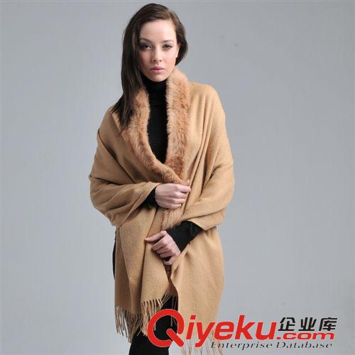 皮草類 供應兔毛領羊毛披肩素色女加厚冬季保暖披肩禮品宴會披肩流蘇圍巾原始圖片2