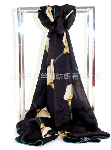 真絲長巾Silk Long Scarves 馬蹄蓮真絲絲巾手工卷邊圍巾 杭州桑蠶絲緞面數(shù)碼噴繪長巾披肩