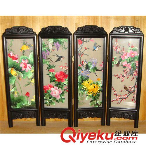 新品上架 現貨供應精品蘇繡四扇紫檀木小屏風手工真絲花鳥雙面刺繡工藝擺件