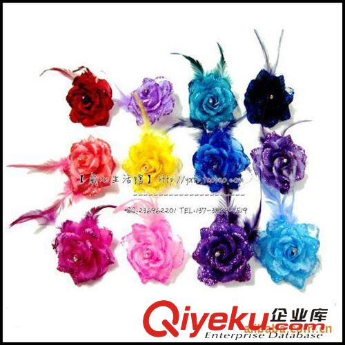 【羽毛|花朵|輔料】 胸花 發(fā)飾 金粉羽毛花朵 工藝裝飾品 帶鉆玫瑰花朵 多款顏色