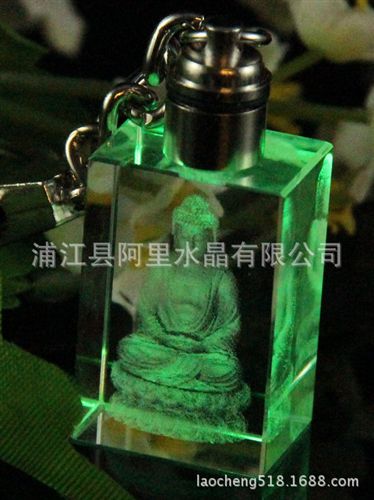 水晶內(nèi)雕 晶韻廠(chǎng)家佛教禮品水晶內(nèi)雕鑰匙扣帶LED燈批發(fā)定制