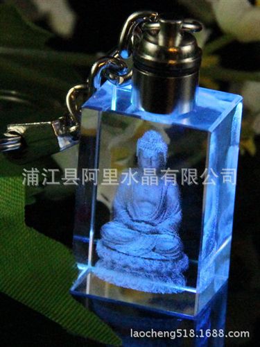 水晶內(nèi)雕 晶韻廠家佛教禮品水晶內(nèi)雕鑰匙扣帶LED燈批發(fā)定制