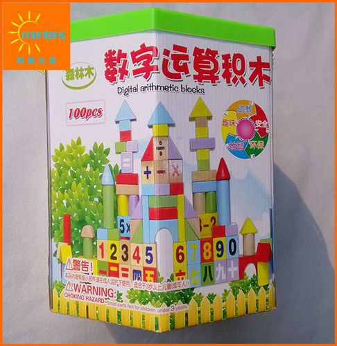 木制玩具 廠家供應桶裝木制積木 100粒數字運算木制積木 兒童益智玩具批發