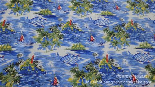 棉布活性印花 棉布印花 印椰樹 沙灘海洋小島夏威夷風(fēng)格 沙灘褲系類全棉府綢等原始圖片2