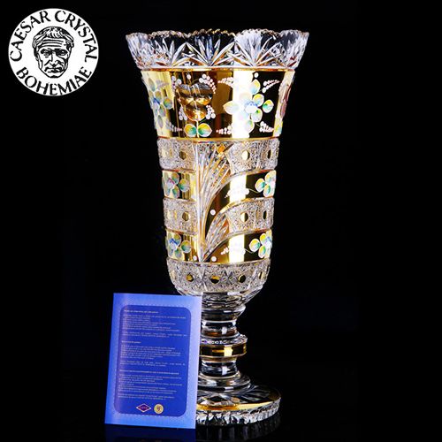 進口水晶花瓶系列 【進口】gd水晶工藝品/高烤瓷精刻包金帶底座水晶玻璃花瓶擺件