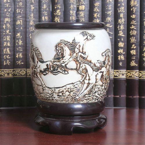 筆筒系列 【創(chuàng)意定制】商務(wù)禮品擺件/馬到成功旋轉(zhuǎn)陶瓷筆筒/浮雕水晶筆筒