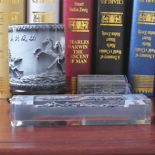 筆筒系列 【直銷】工藝品擺件/馬到成功商務(wù)禮品水晶浮雕三件套裝/水晶筆筒原始圖片2