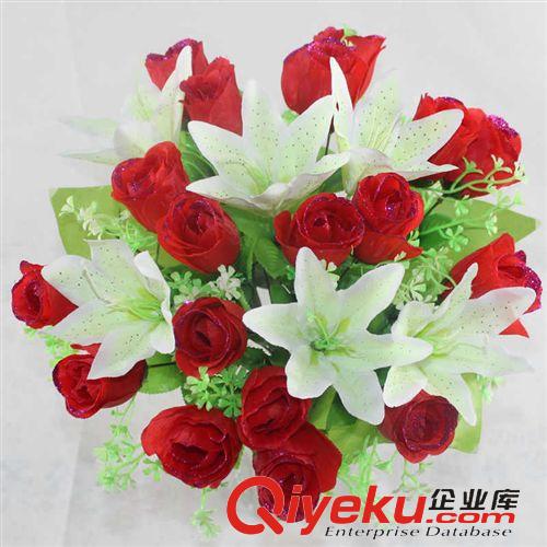 混批專區(qū) 吉燕仿真花24頭組合紅玫瑰手捧花 新娘百合花廠直銷  義烏人造花原始圖片2